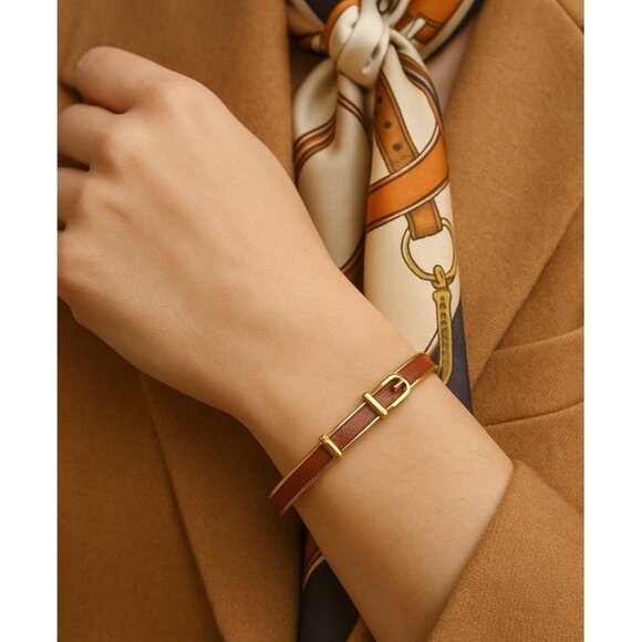 Vintage Hermès Paris Leather Belt Buckle Bangle Bracelet Gold Plated France - Picture 1 of 14